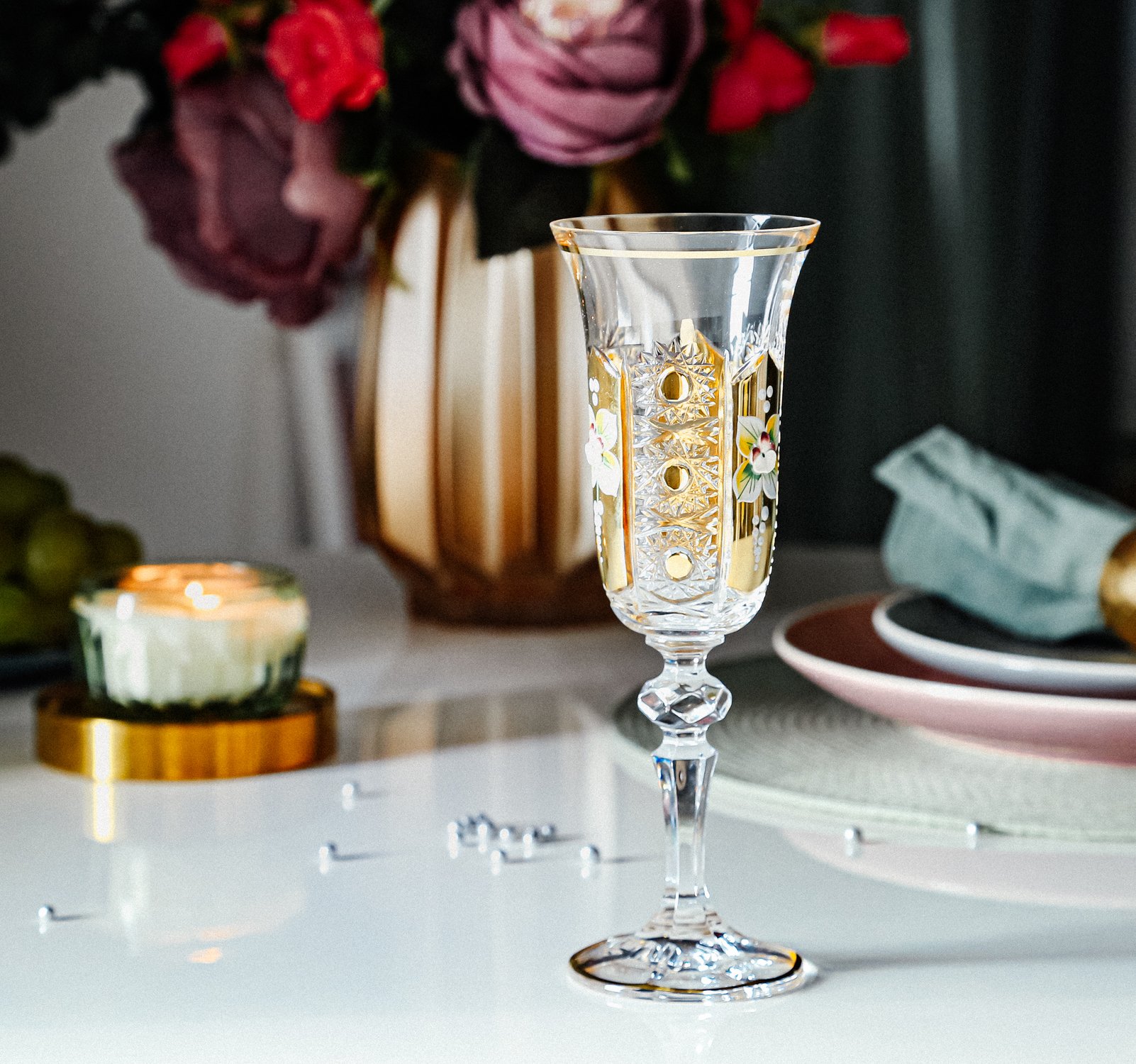 Champagne Crystal Glasses Enamel Gold Design 150ml - Bohemia Crystal -  Original crystal from Czech Republic.