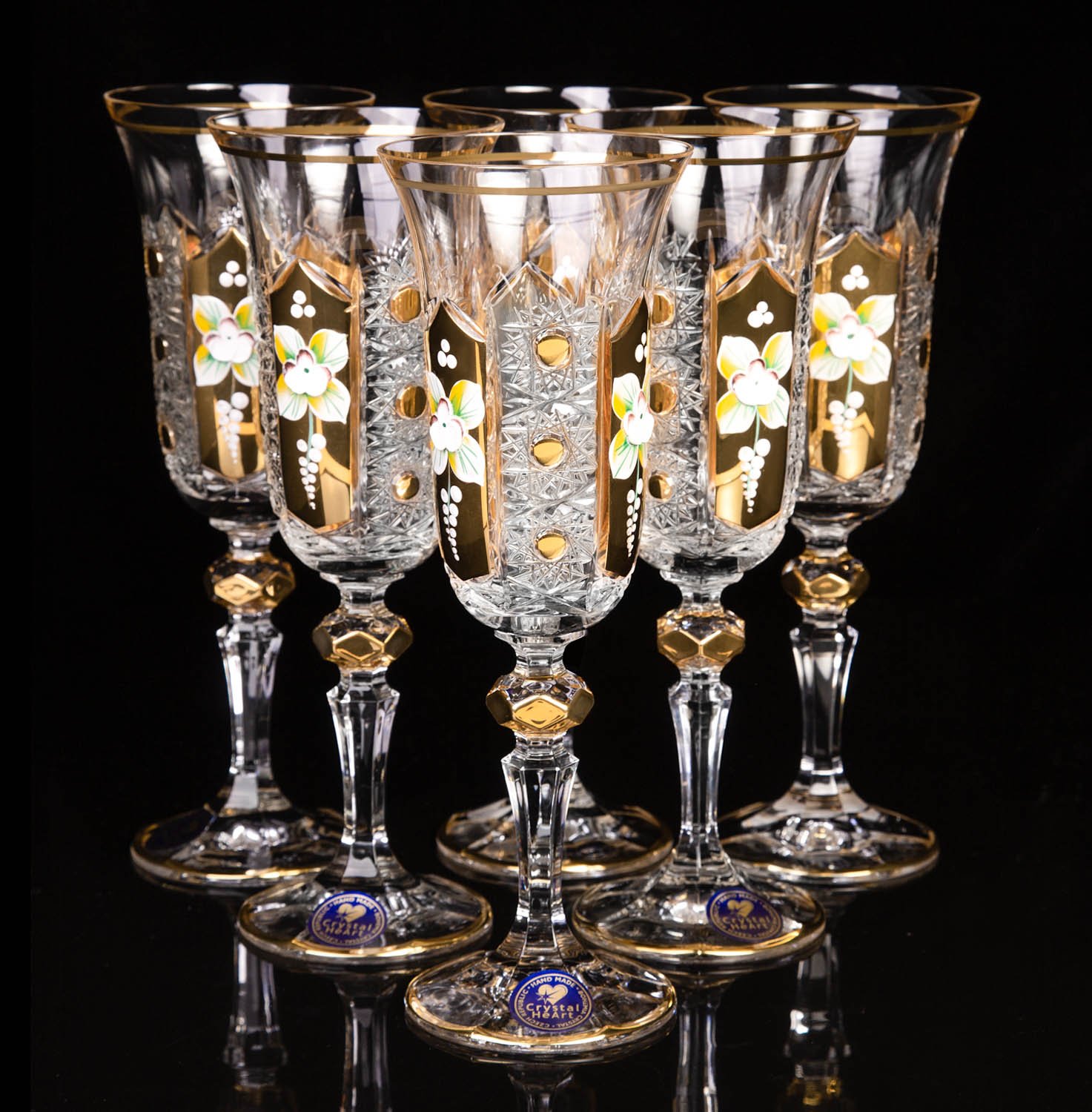 Champagne Crystal Glasses Enamel Gold Design 150ml - Bohemia Crystal -  Original crystal from Czech Republic.