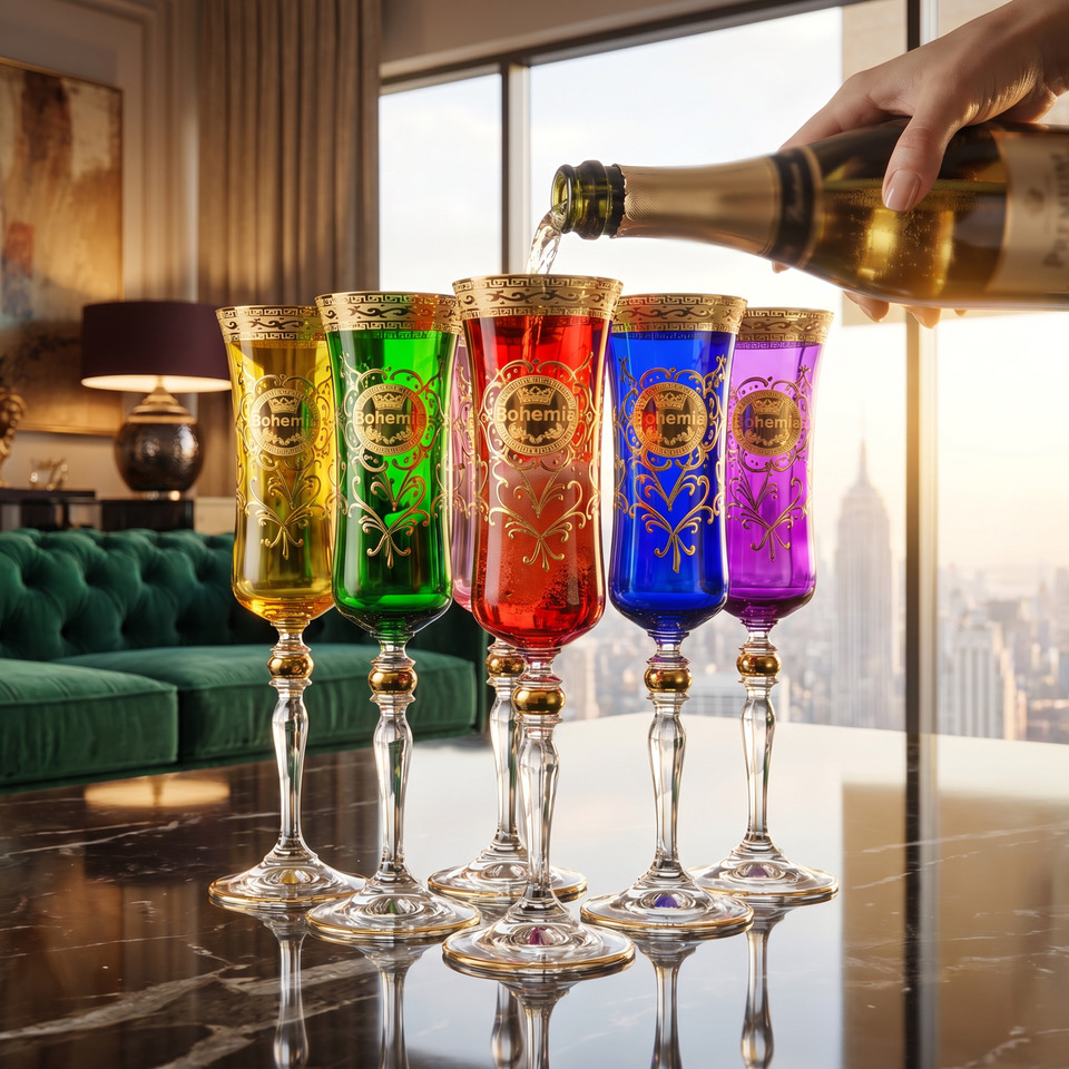 Bohemian Multicolor Crystal Champagne Glasses | Hand-Cut Czech Lead Crystal | 24K Gold | 180 ml | Luxury Gift Set - Image 2