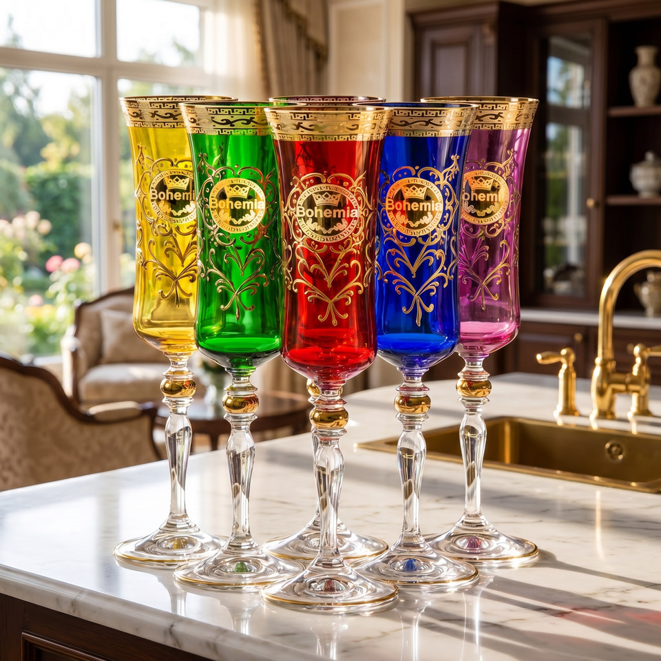 Bohemian Multicolor Crystal Champagne Glasses | Hand-Cut Czech Lead Crystal | 24K Gold | 180 ml | Luxury Gift Set - Image 3