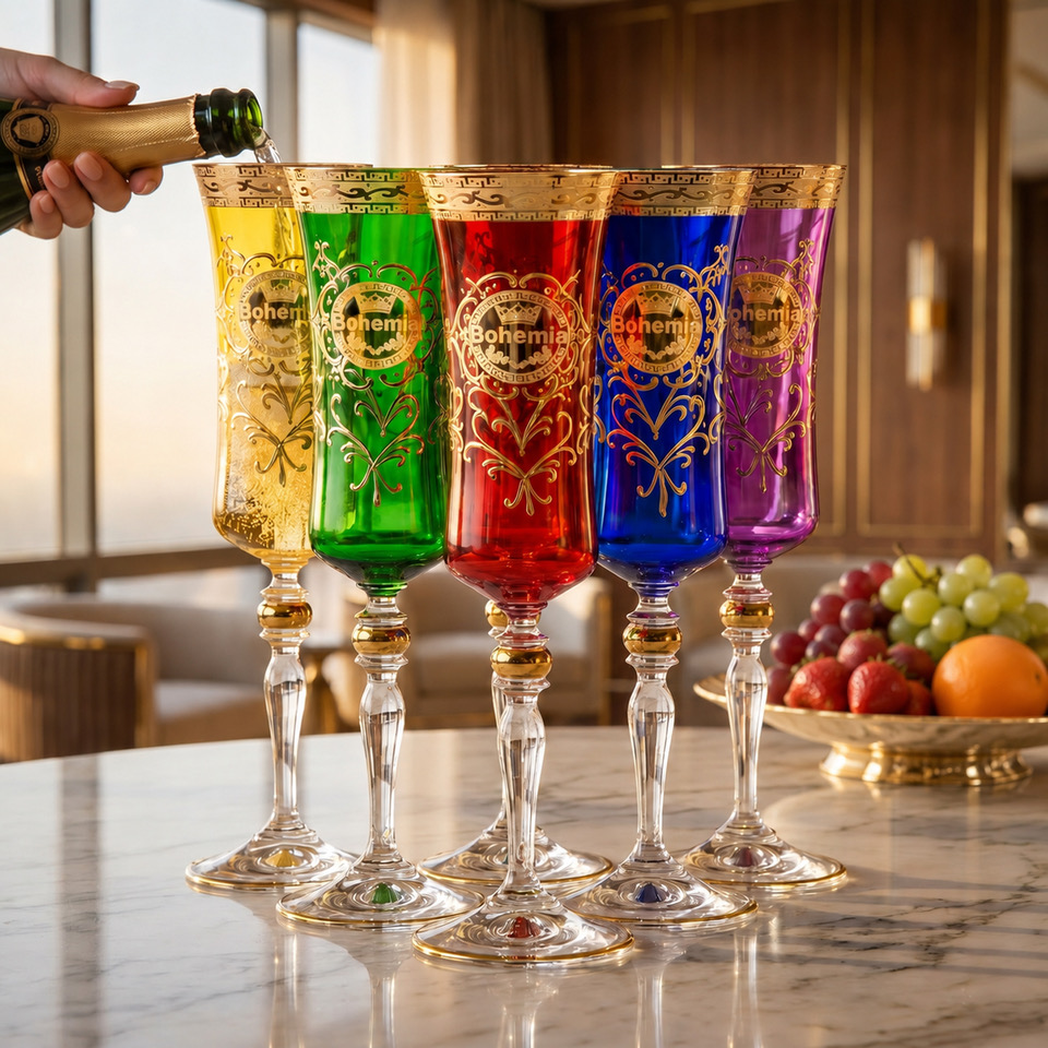 Bohemian Multicolor Crystal Champagne Glasses | Hand-Cut Czech Lead Crystal | 24K Gold | 180 ml | Luxury Gift Set - Image 4
