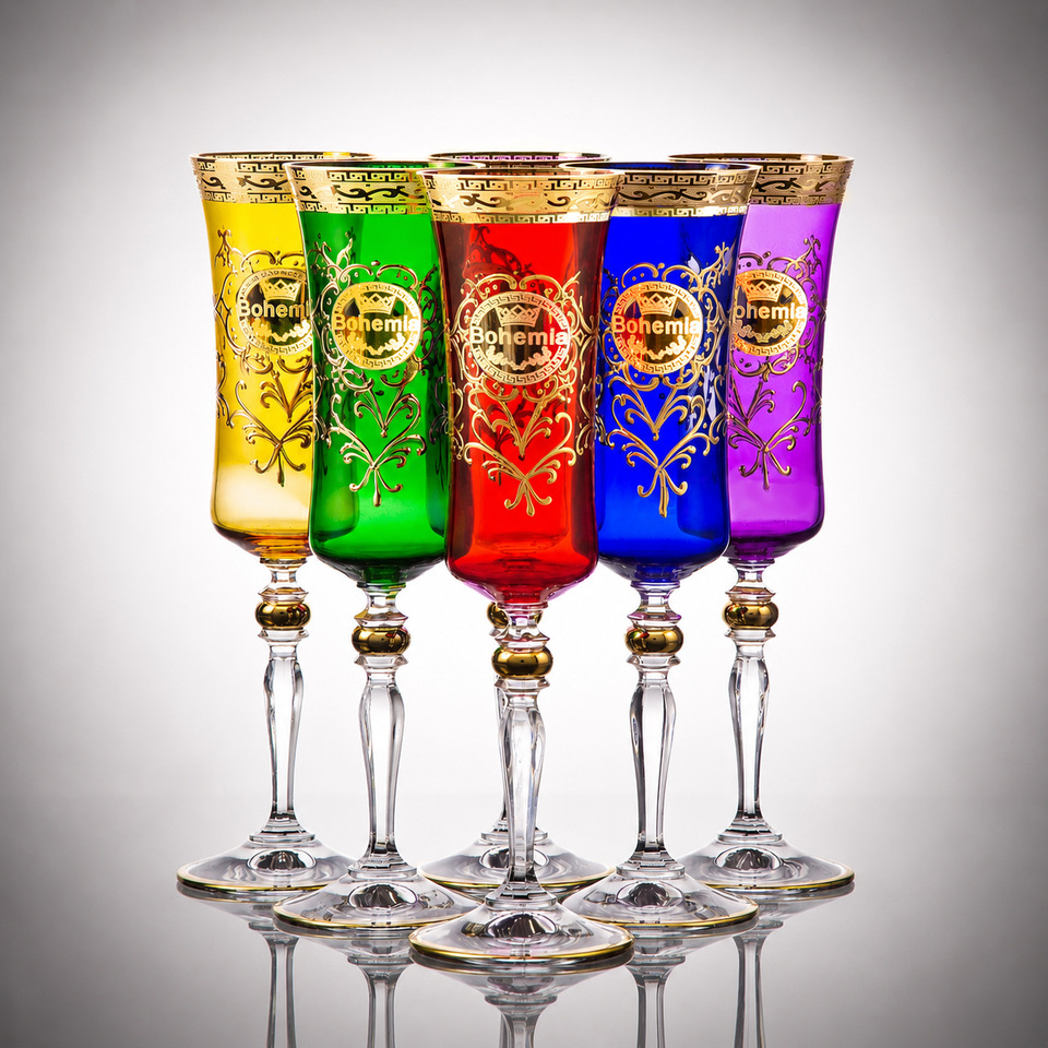 Bohemian Multicolor Crystal Champagne Glasses | Hand-Cut Czech Lead Crystal | 24K Gold | 180 ml | Luxury Gift Set