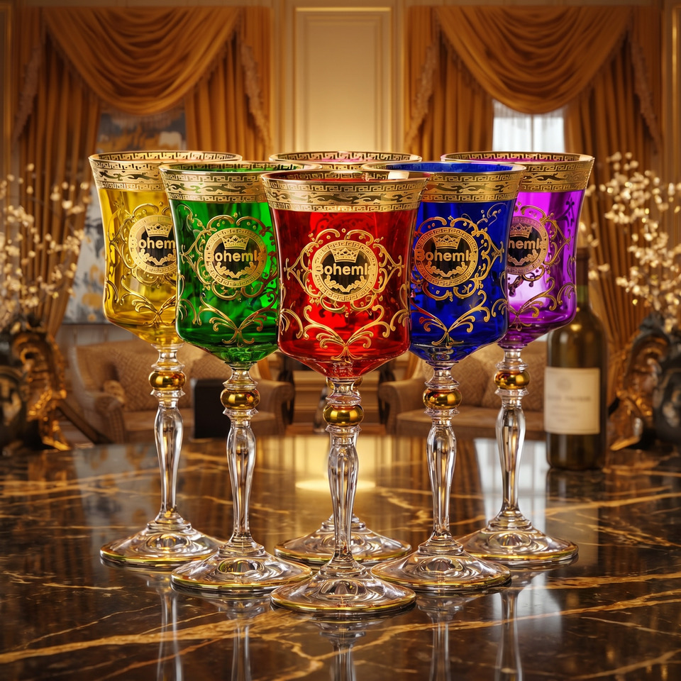 Bohemian Multicolor Crystal Wine Glasses | Hand-Cut Czech Lead Crystal | 24K Gold | 250 ml | Luxury Gift Set - Image 3