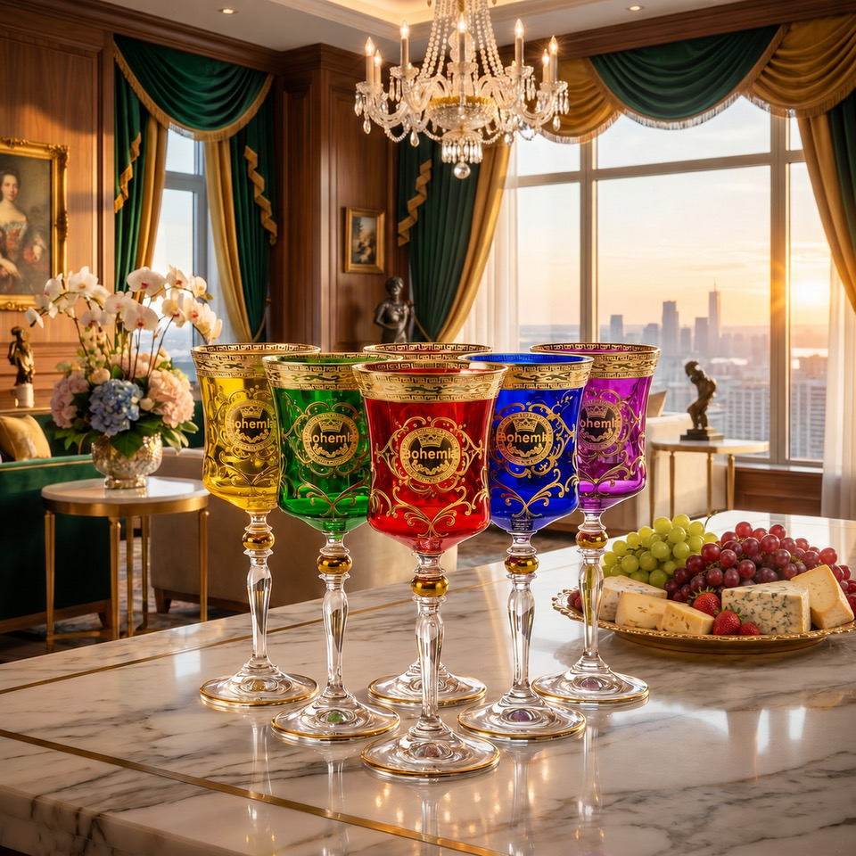 Bohemian Multicolor Crystal Wine Glasses | Hand-Cut Czech Lead Crystal | 24K Gold | 250 ml | Luxury Gift Set - Image 2