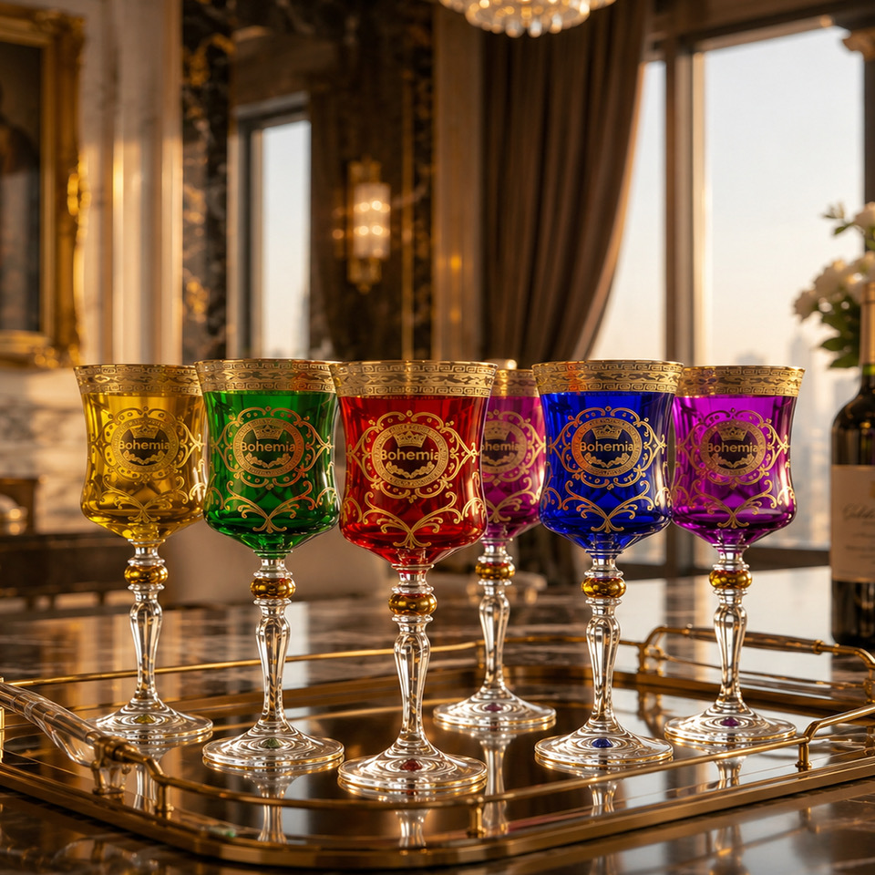 Bohemian Multicolor Crystal Wine Glasses | Hand-Cut Czech Lead Crystal | 24K Gold | 250 ml | Luxury Gift Set - Image 4