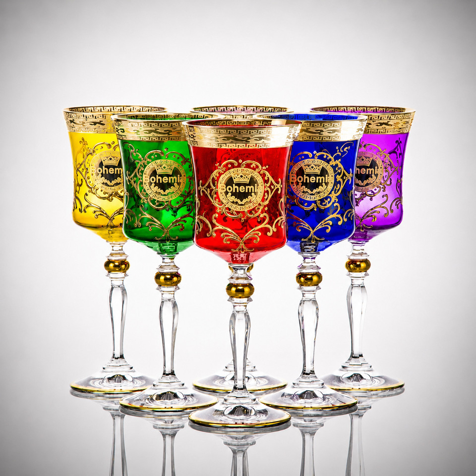 Bohemian Multicolor Crystal Wine Glasses | Hand-Cut Czech Lead Crystal | 24K Gold | 250 ml | Luxury Gift Set